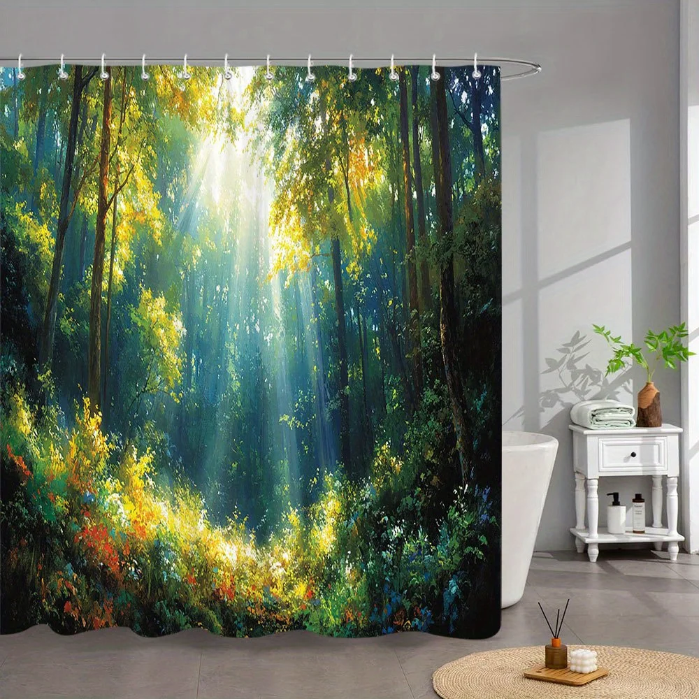 

1 шт. занавеска для ванны Sunlit Forest — пишная золотая лесная занавеска с полевыми цветами — выдвижной световой навес — волшебная природа, акварель