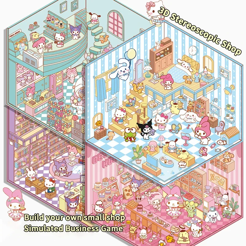 4PCS Cartoon Sanrio Hello Kitty 3D Stickers DIY Three-dimensional Cabin Scene Stacking Pasting Hand Account Sticker Kids Toys