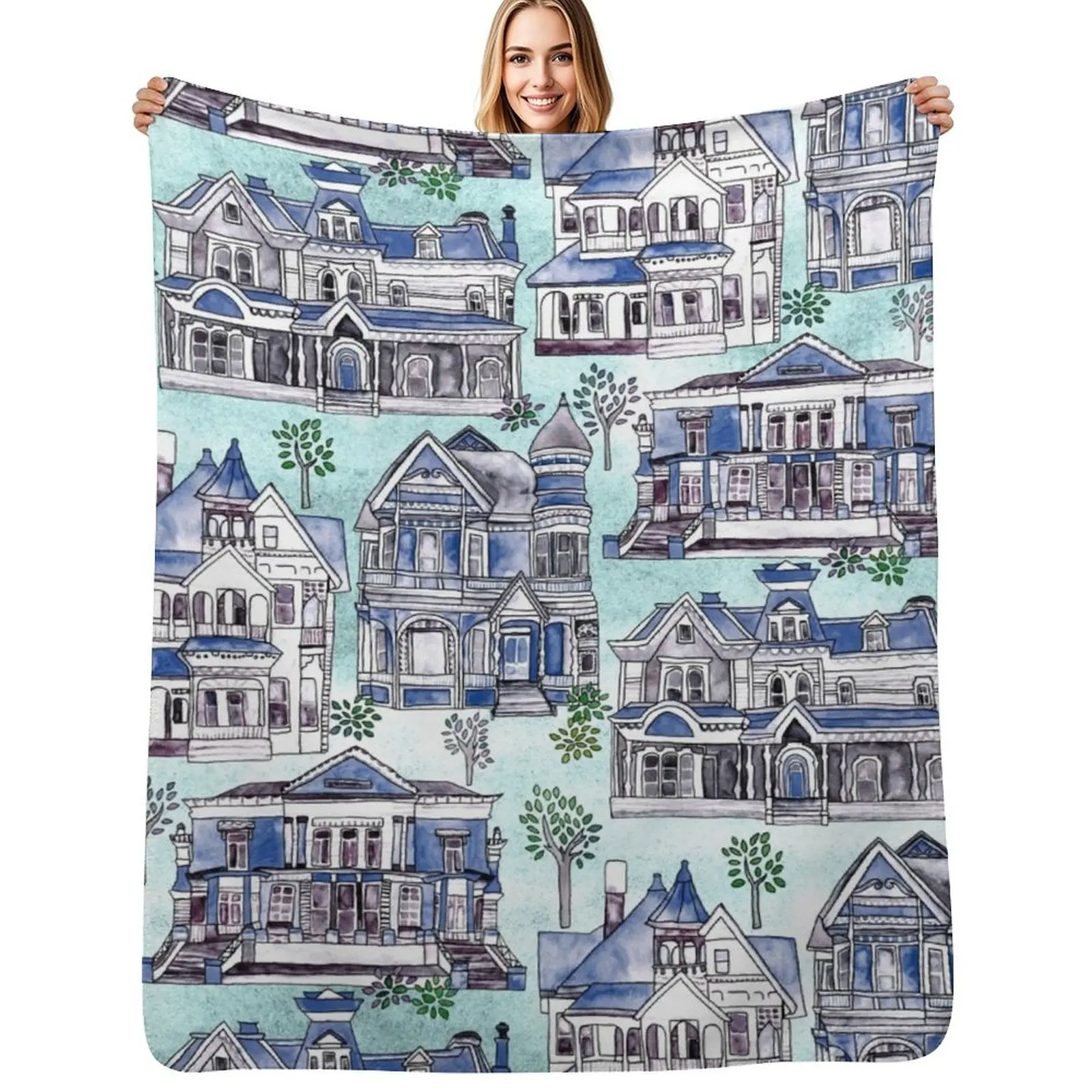 

Blue Watercolor Victorian Houses Throw Blanket Hair Beautifuls Shaggy Decorative Sofa Blankets