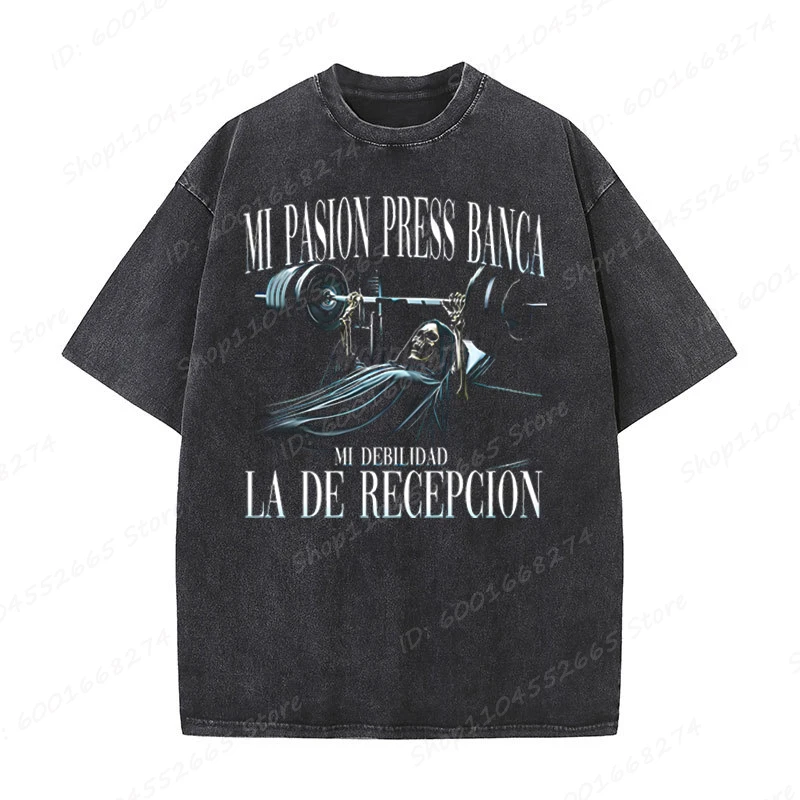 Cool Skeleton & Calacas Chidas Gym T-Shirts Short Sleeve Washed T Shirt Crew Neck Casual Summer Oversized T-shirt Men's Clothing