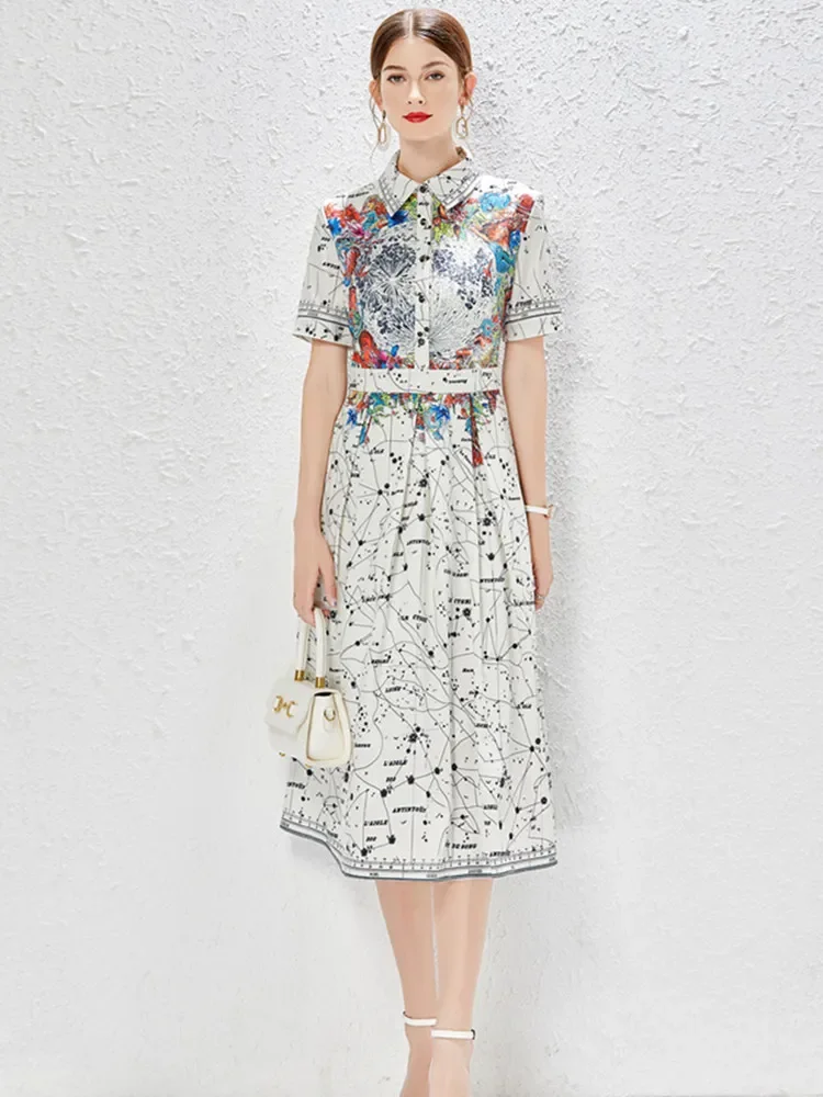 

2023 New Fashion Runway Shirt Dress Women Short Sleeve Turn Down Collar Letter Buttons Vintage Print Office Ladies Midi Vestidos