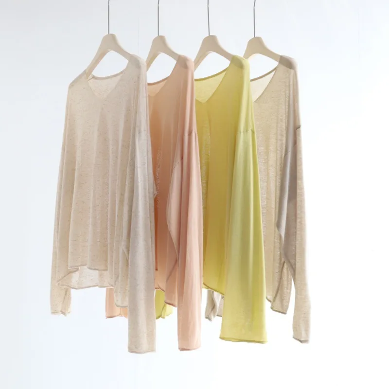 Linen Knitted Long Sleeve V-Neck Loose Casual Top Cover up Spring Summer Sun Protection Air Conditioning Women's Fashion