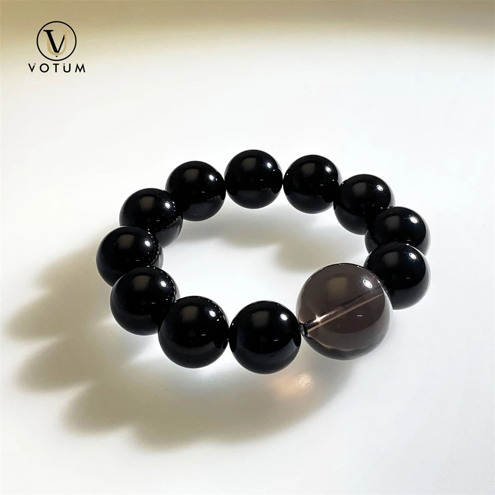 

Votum 14m Natural Pure Black Obsidian with Smoky Quartz Bracelet for Men Lava Rock Beaded Bracelets Women Crystal Stone Jewery