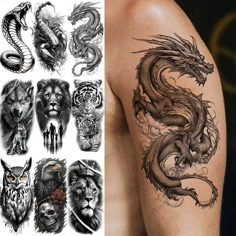 1 Sheet Cobra Snake Dragon Scorpion Temporary Tattoos For Men Women Waterproof Long Lasting Lion Tiger Wolf Fake Tattoo Stickers