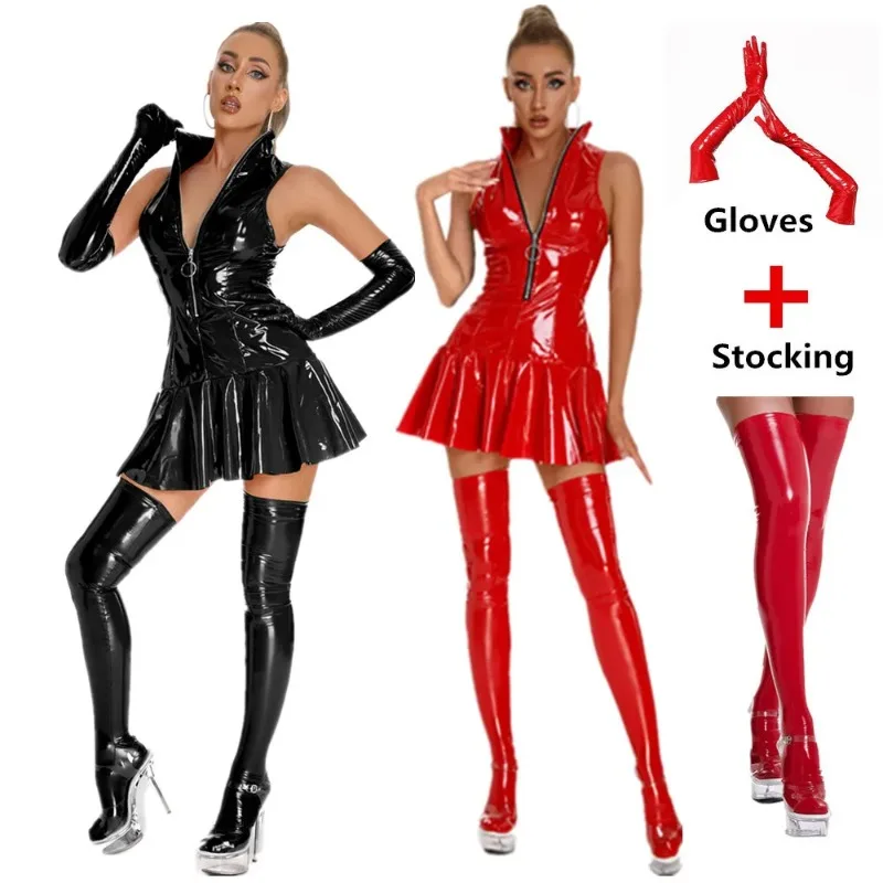 New Wetlook Leather Dress Plus Size Women Sexy Shiny PVC Latex Mini Skirt With Gloves And Stocking Pole Dance Raves Party Outfit