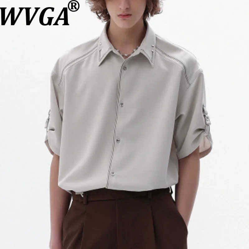 

WVGA Spring Summer New Men's Design Contrast Stitching Short Sleeve Shirt Niche Chic Casual Trendy Turn-Down Collar Tops W17995