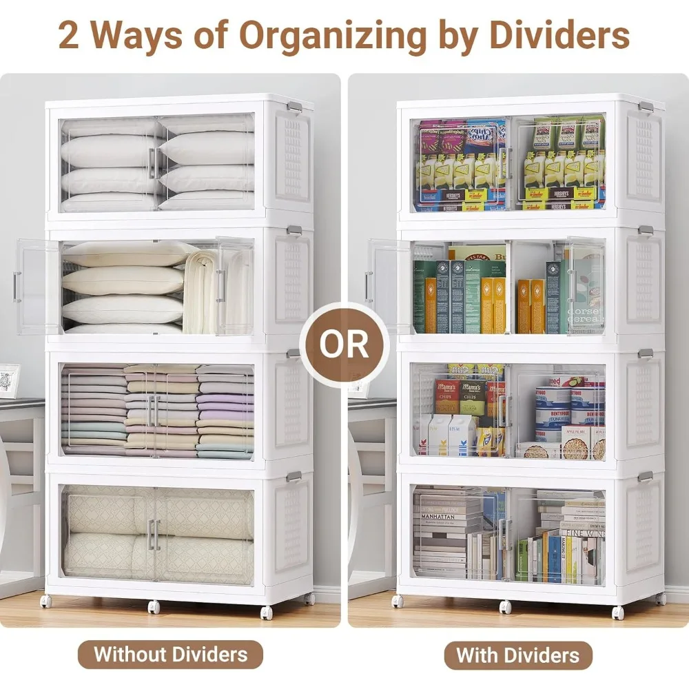 200ガロンプラスチック収納ビン、蓋と車輪付き、4パック特大積み重ね可能な収納ビン、仕切り付き、クローゼットオーガナイザーとS