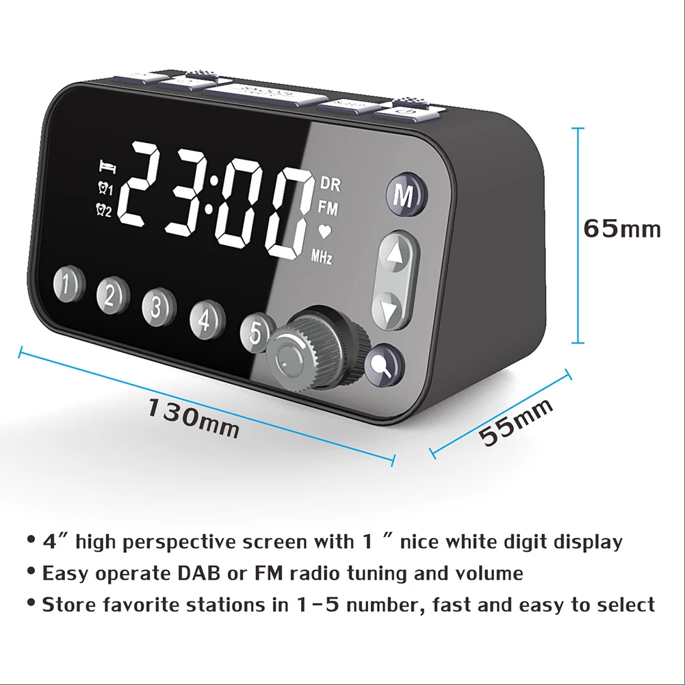 Elegant Alarm Clock DAB FM Radio Dual USB Charging Port Adjustable Alarm Volume Alarm Clock Broadcasting Radio