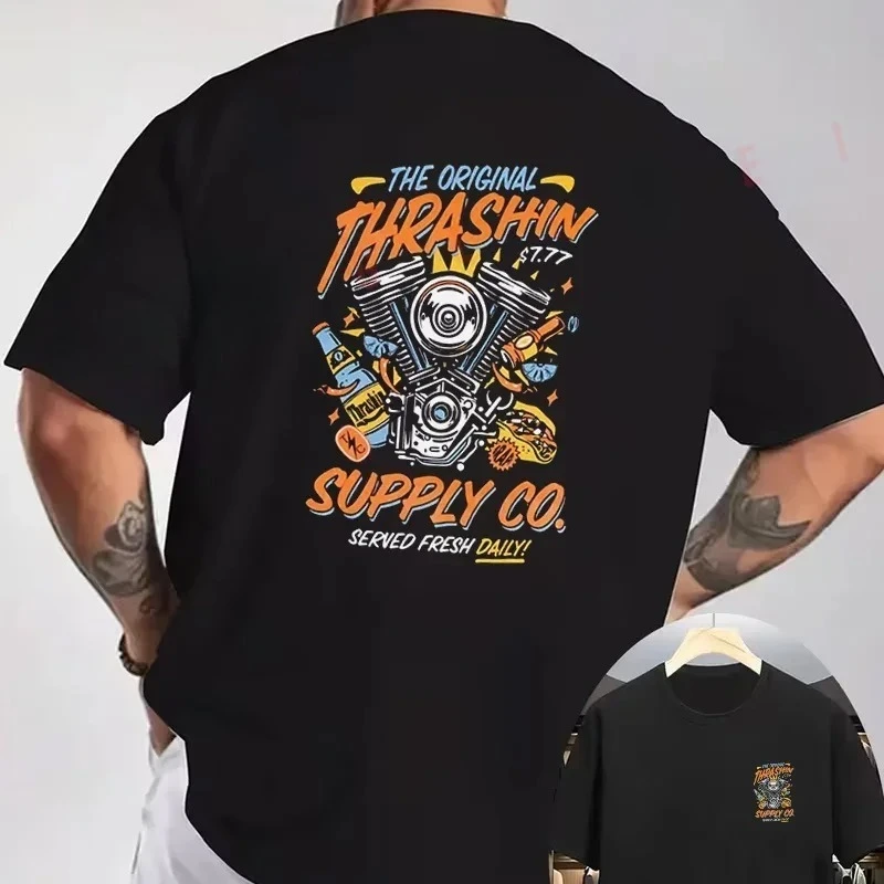 Thrashin Supply Co motorcycle engine pattern pure cotton T-shirt retro bicycle short sleeved T-shirt street top unisex