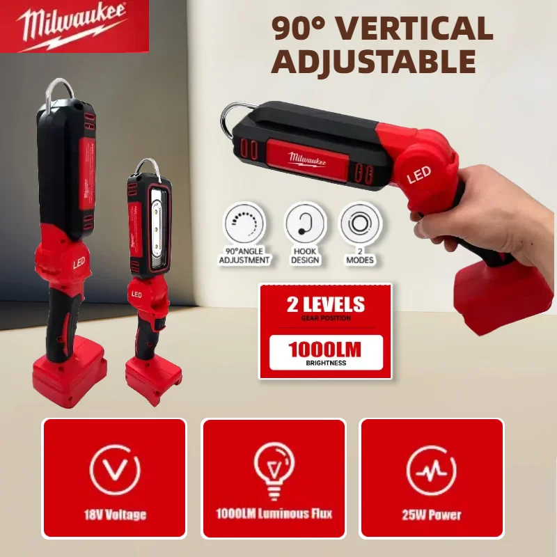 Milwaukee-luz LED de trabajo recargable para acampada, linterna superbrillante con gancho, modos de iluminación aptos para trabajo nocturno, inspección de automóviles