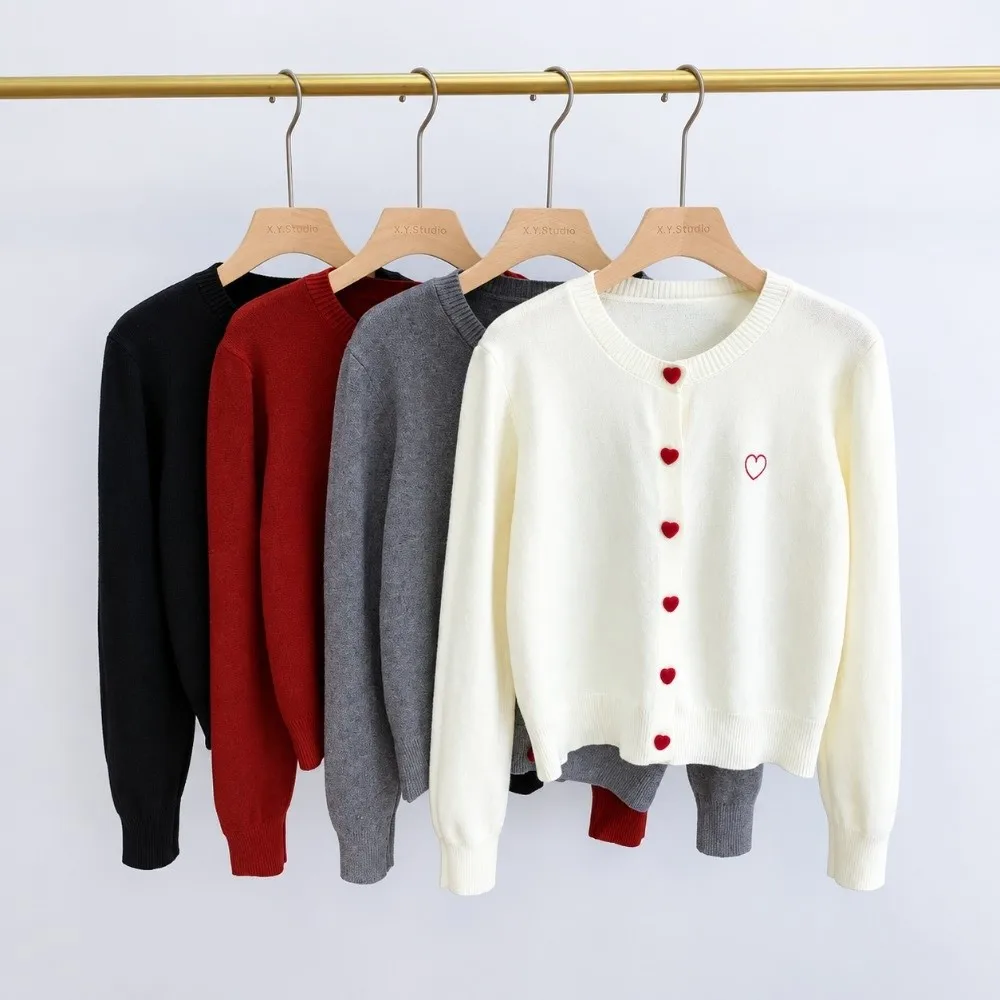 Korean Fashion Bow Embroidery Knit Cardigan Heart-shaped Button Solid Color Women Sweater Women Cardigan