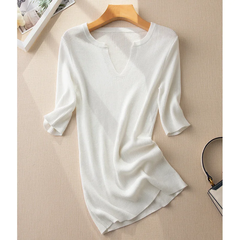 Half Sleeve Sweater Women Notched V Neck Knitted Tops Shirts Spring Summer