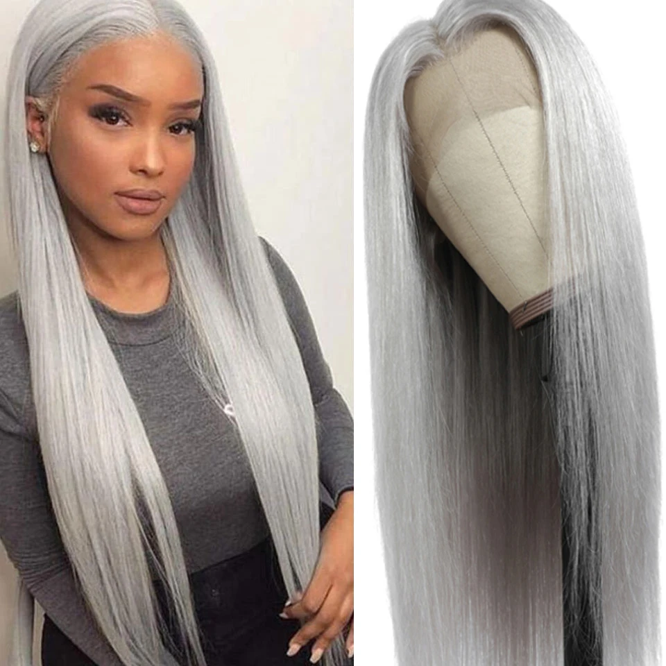 Soft 180Density 26Inch Ash Grey Straight Long Deep Lace Front Wig For Women With Baby Hair Glueless Preplucked Daily