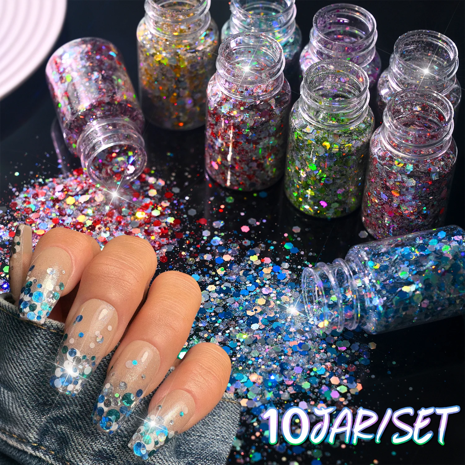 10PCS Chunky Holographic Nail Glitter Set Multi-Color Hexagon Nail Sequins Iridescent Sparkle Flakes for Nail Art Resin Crafts *