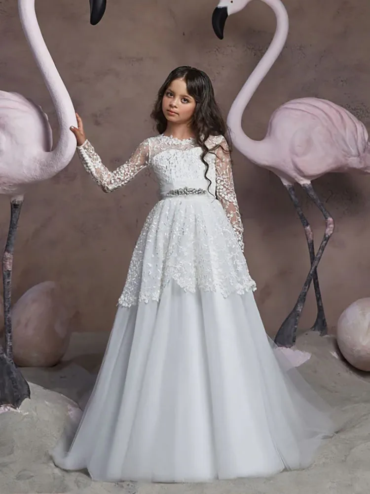 white Lace appliques Flower Girl dress lovely luxury tulle long sleeve long skirt bespoke occasion birthday party prom New gown