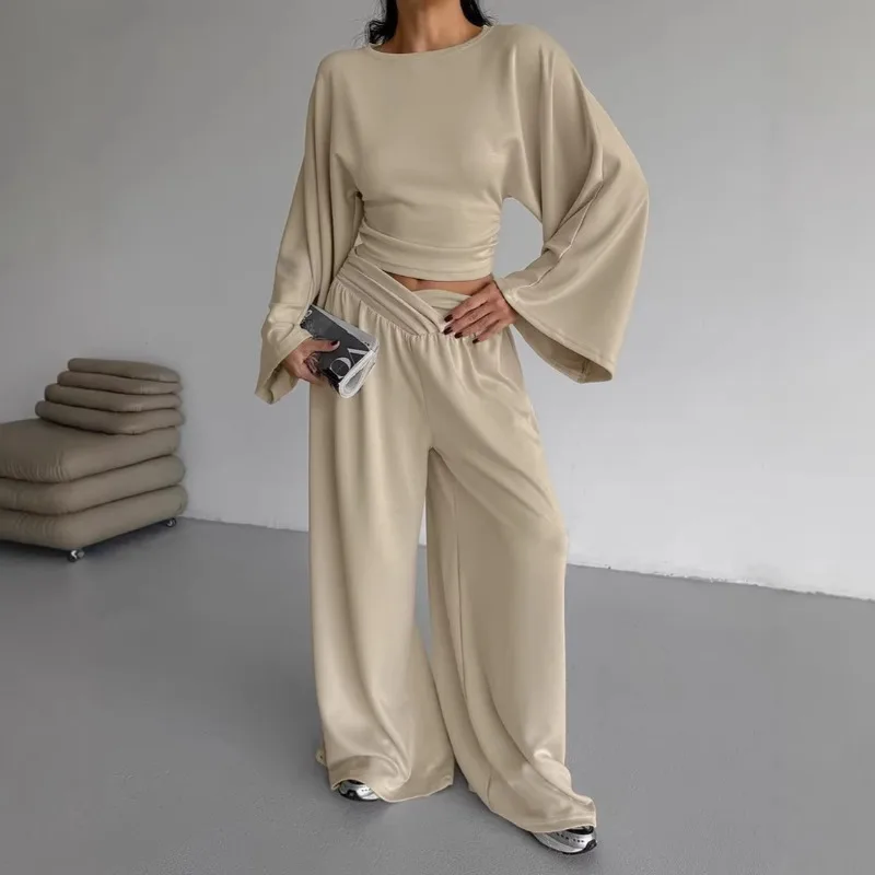 

Autumn Winter Khaki Women's Clothing Set Waist Flared Sleeve Top Wide Leg Pants Casual Fashion Two-piece Set Exquisite Simple