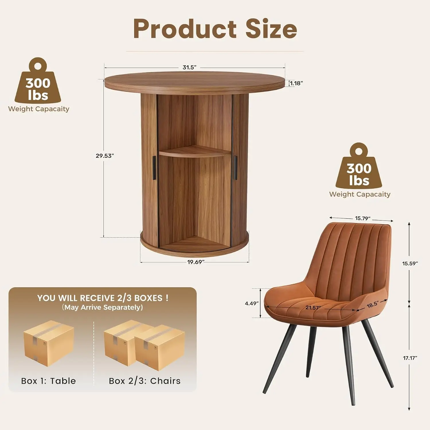 3-Piece Round Dining Table Set for 2, 31.5-Inch Modern Farmhouse Kitchen Table with Semi-Open Storage Shelf, Soft Fabric Upholst