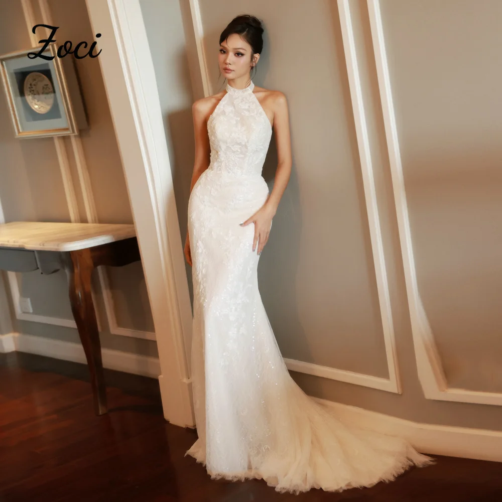 Zoci Halter Lace Mermaid Korea Wedding Dresses Sleeveless Open Back Bride Dress Photo Shoot Long Train Customized Party Gown