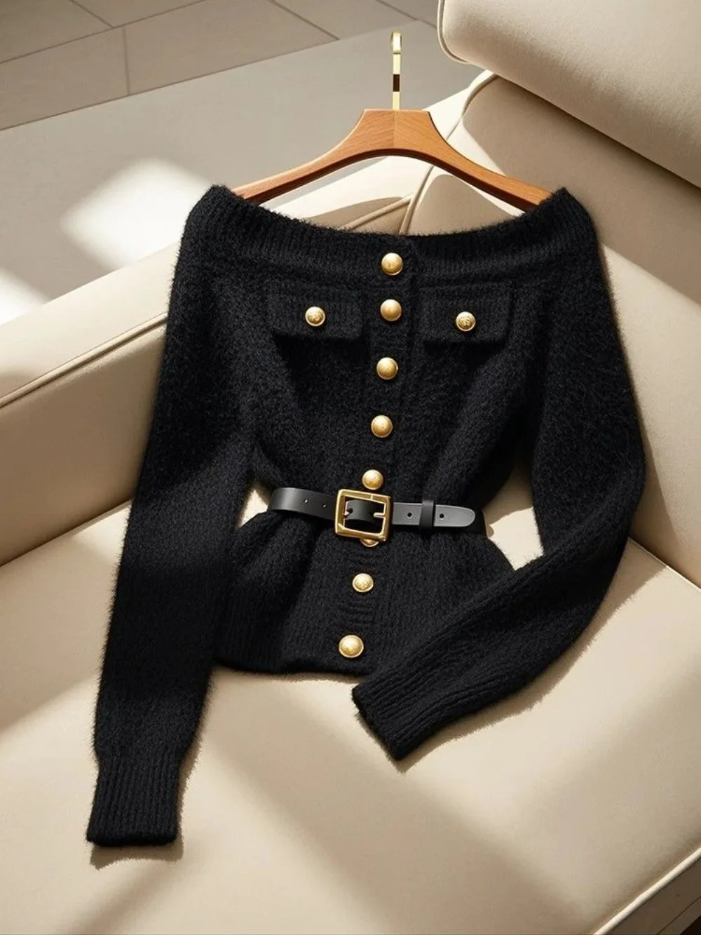 Neploe Elegant Slim Celebrity Casual Belt Pull Femme Warm Thicked Slash Neck 2025 Crop Tops French Style Small Fragrance Mujer