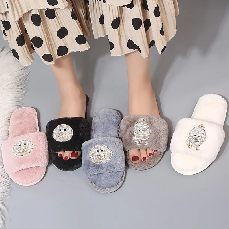 New Winter Women Fashion Cartoon pattern Plush House Slippers Soft comfortable Furry Open Toe Non Slip Cotton Slippers Female