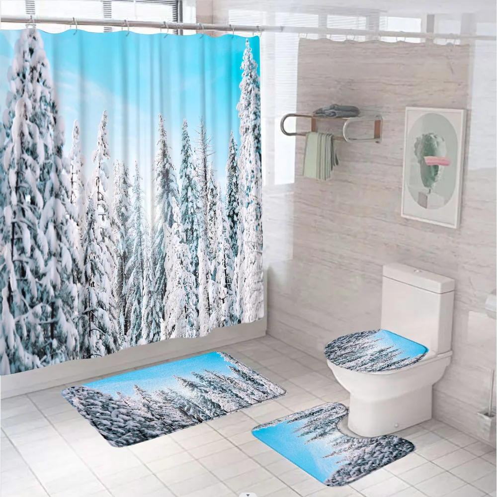 

Rustic Snow Forest Shower Curtain Sets Nature Scenery Winter Tree Woodland Bathroom Curtains With Bath Mat Rug Lid Toilet Cover