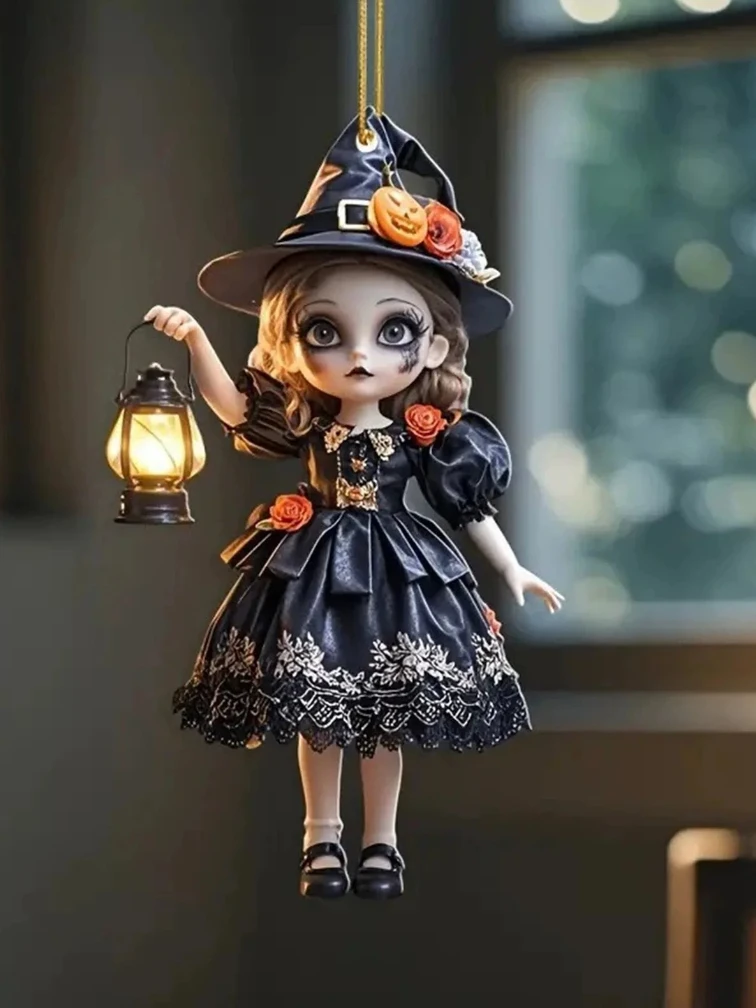 Halloween petite sorcière Festival acrylique pendentif sac voiture décoration lanterne sorcière pendentif maison suspension accessoire (2D plat)