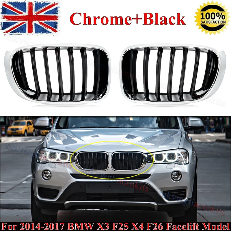 Left Side Front Bumper Kindey Grille Grill Chrome Trim for BMW F25 X3 2014-2017