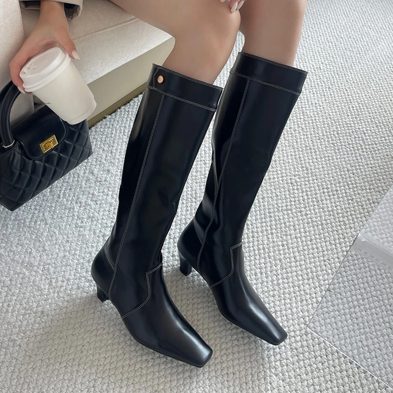 

ZOOKERLIN New Woman Boots Mid Heel Simple Autumn Winter Boot Knee High Botas Genuine Leather Shoes For Women Solid Color Slip-on