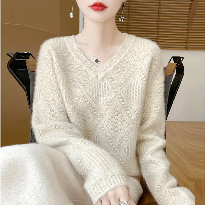 Fall/Winter 2024 new sweater 100% pure wool women\'s V-neck loose sweater long sleeve fashion knit pullover