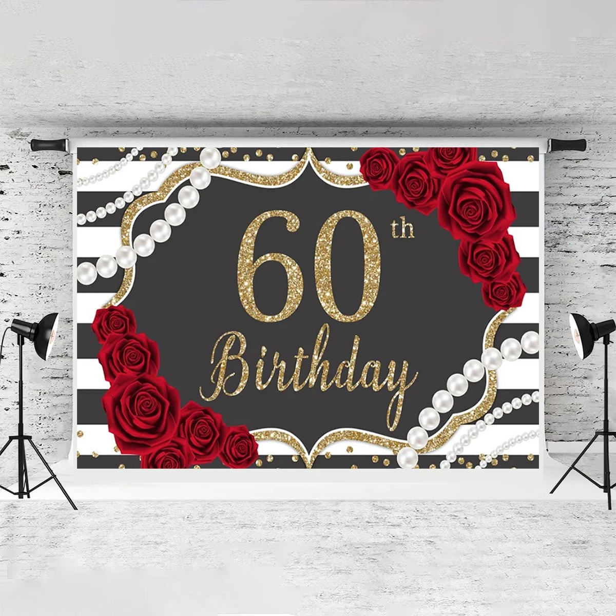 10x8ft Fabric Happy 60th Birthday Background  Red Rose Pearl Photography BackdropLady Party Celebration Welcome Banner