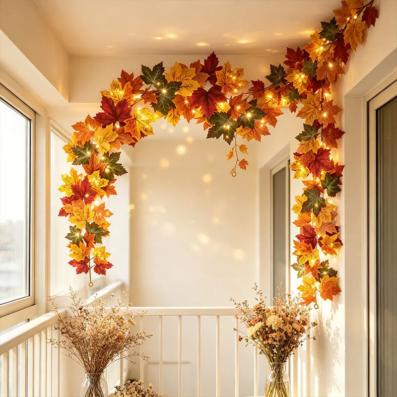 Fall Maple Leaf Garland with Lights, Artificial Autumn Leaf Vine, Thanksgiving Halloween Hanging Garland for Home Wedding Party