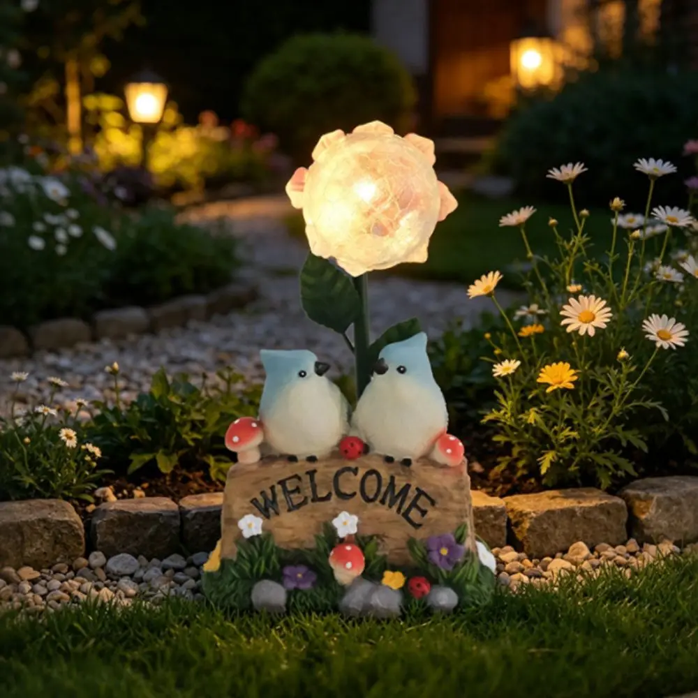 Solar Powered Garden Welcome Sign Durable Resin Warm Light Solar Resin Craft Creative Design No Wiring Needed Garden Ornament