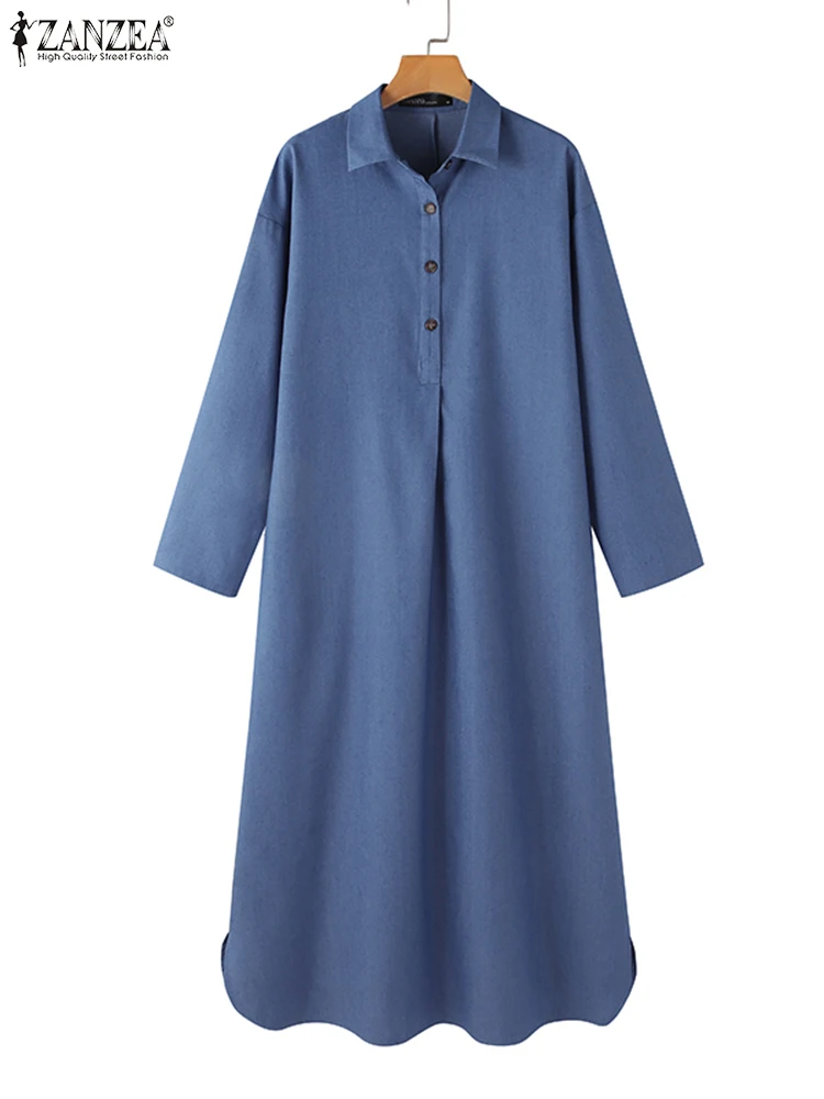 ZANZEA Fashion Spring Lapel Neck Long Sleeve Solid Shirt Dress Casual Loose Vestido Women Denim Blue Long Sundress Robe Femme