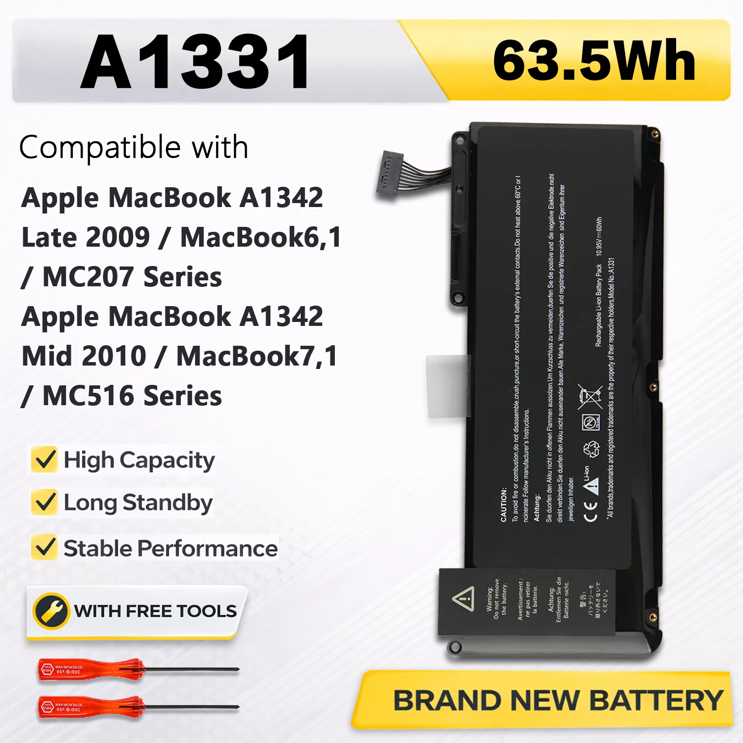 PowerHub A1331 10.95V 63.5Wh 5800mAh Laptop Battery For Apple MacBook 13-inch A1342 MC207 MC516 020-6809-A 661-5391 661-5585