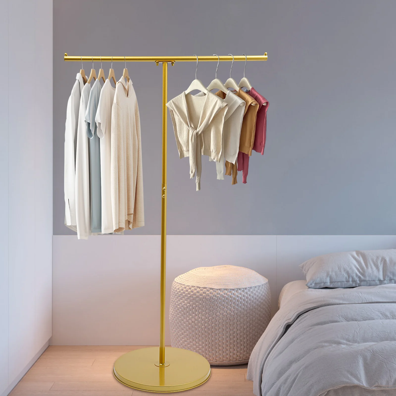 

Modern Gold T-Shaped Clothing Rack, Coat Rack W/ Wide Base, Multi-Purpose Garment Display Stand for Laundry Room & Retail Store