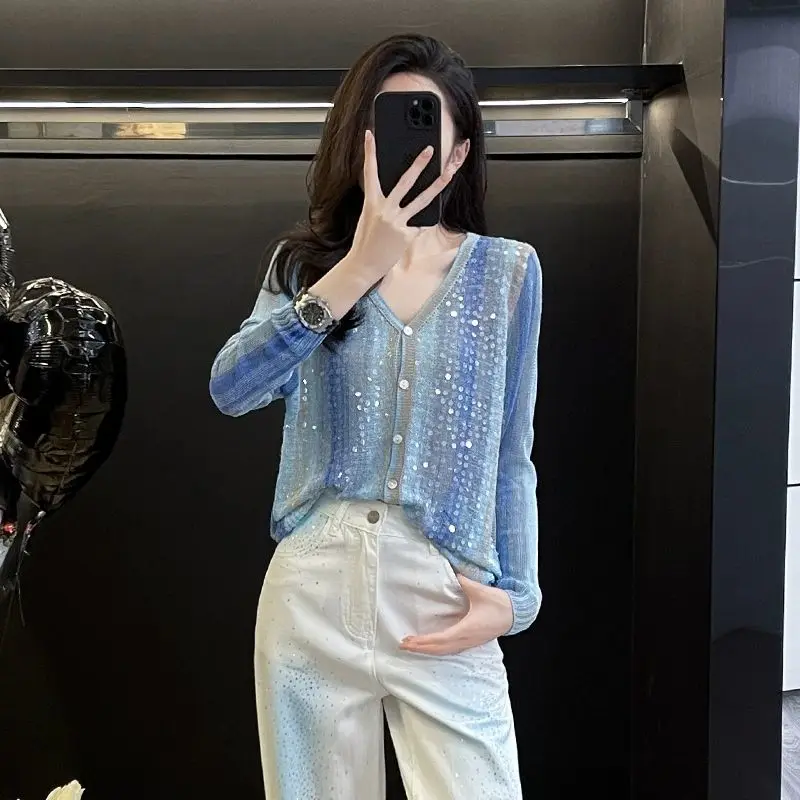 

2025 Sequin New Style Women Knitted Cardigan Wears Simple and Versatile Tops