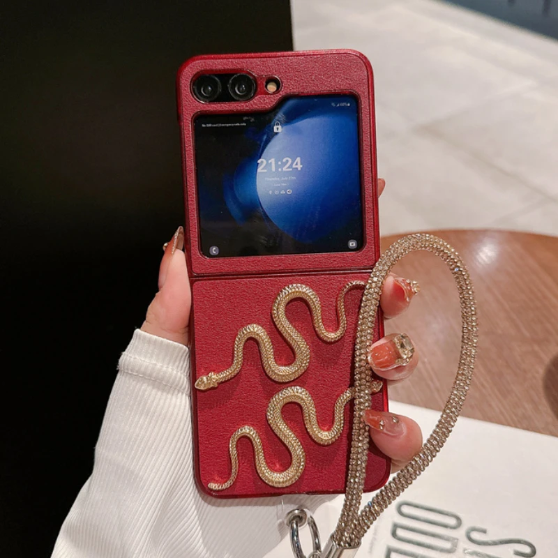 

New Year model red leather golden Little snake Case for Samsung Galaxy Z Flip 6 5 4 3 flip6 Zflip Bracelet Shockproof Hard Cover