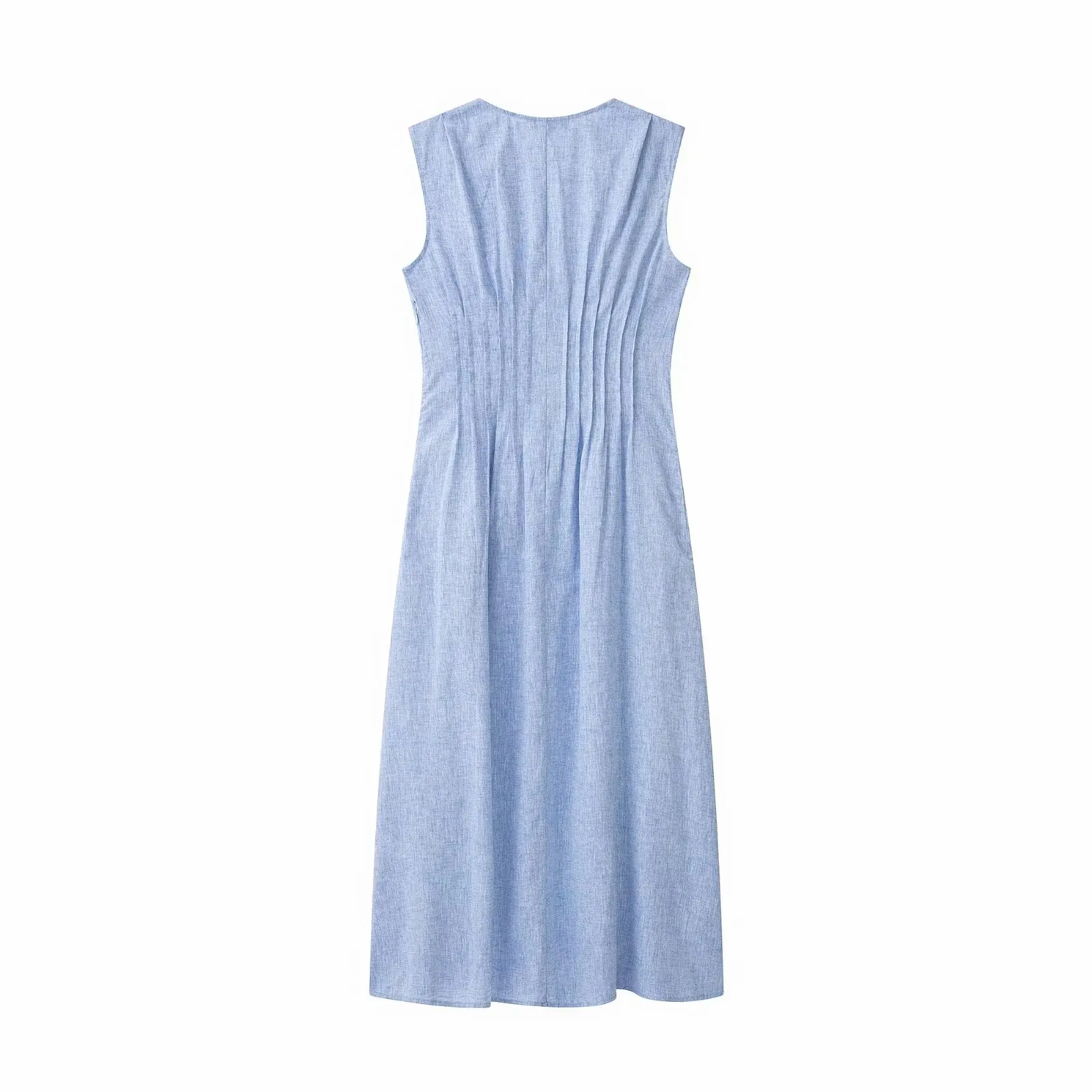 Damenmode Ärmelloses Midikleid mit tiefem V-Ausschnitt, Kordelzug, Perlen und plissierter Taille, Sommerliches, lässiges A-Linien-Maxikleid für Damen. – Detail 4