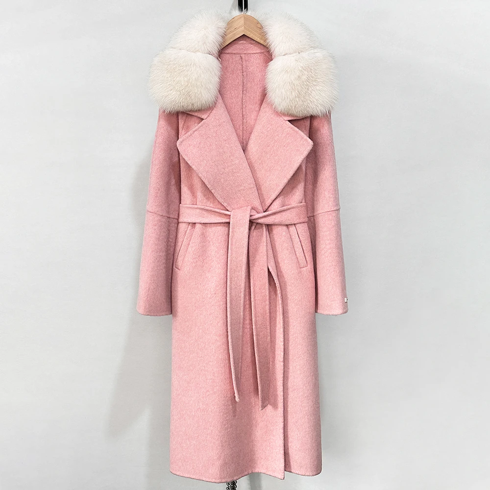 Woolen Coat Women Autumn Female Real Fur Jacket New Fashion Warm Wool Blend Coat Spring Long Big Fox Fur Collar Demure Lace-ups