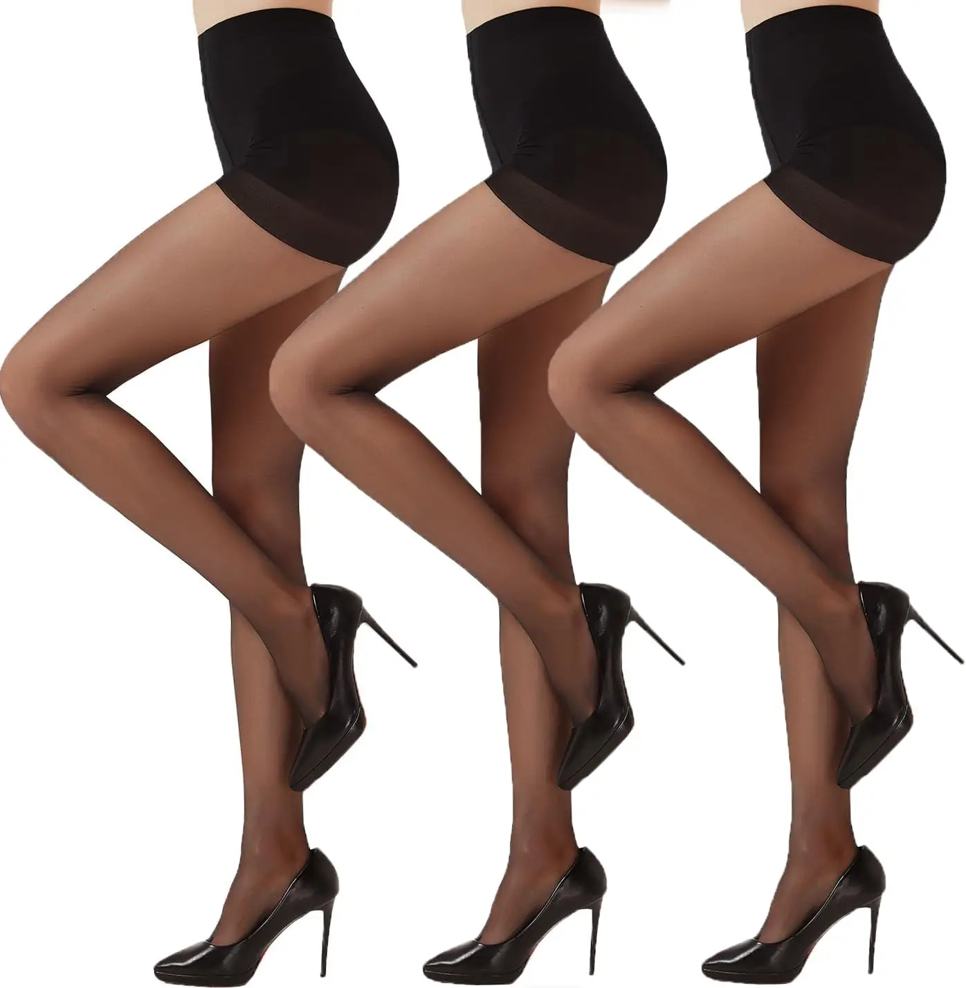 

1 Pair Black/ Skin Sheer Tights for Women - 20D Not Rip Control Top Pantyhose with Reinforced Toes - Resist Tears