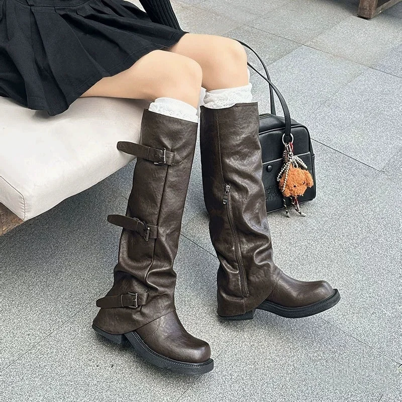 

Belt Buckle Decor Leg Boots 6Cm Height Increasing Buckle Middle Tube Western Knight Long Boots Women's Pile Up Short Boots