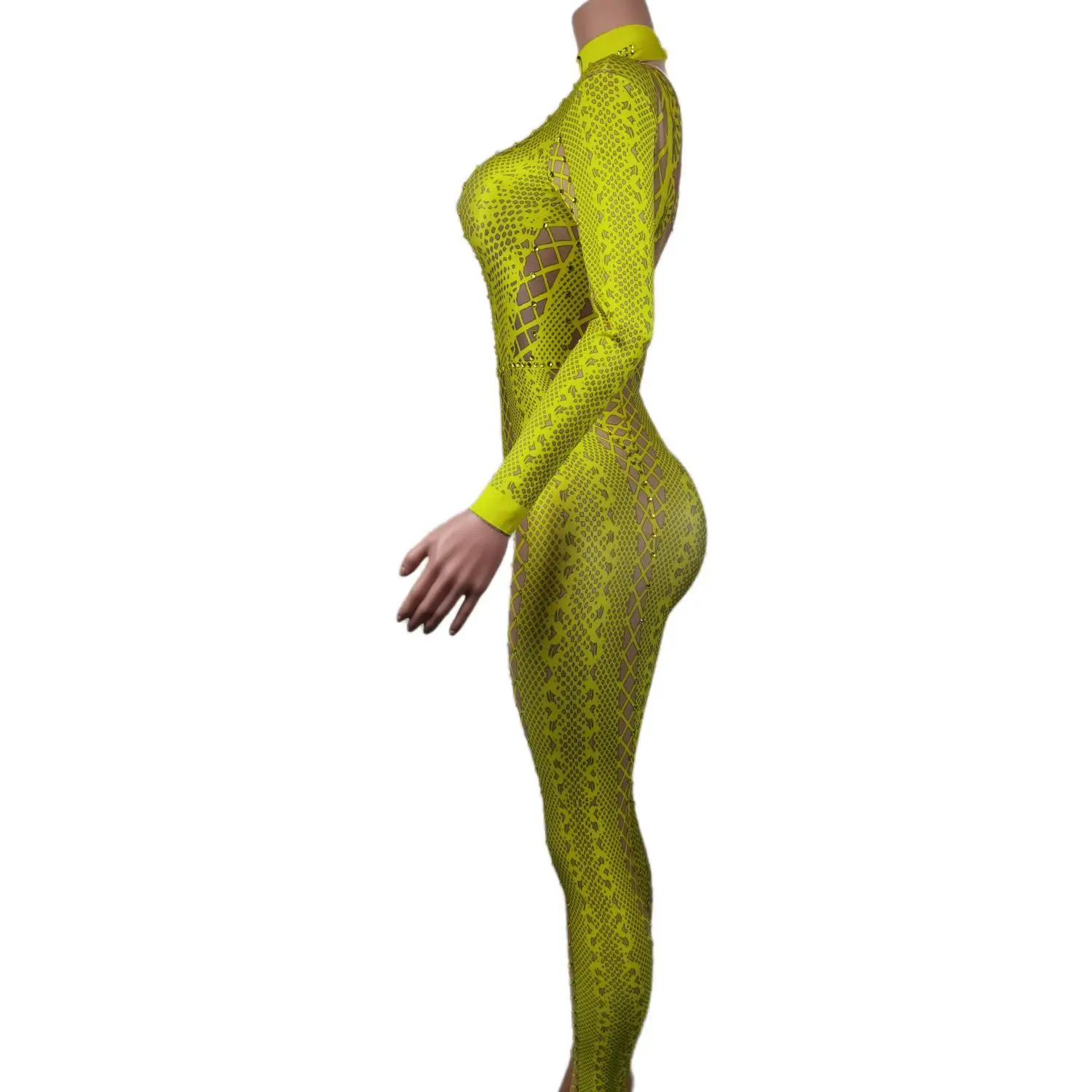 Woman Rhinestones Pattern Printing Tights Yellow Jumpsuit Turtleneck Long Sleeve Leotard Party Evening Costume Stage Wear Lianti