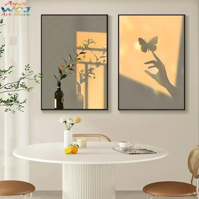 Impresiones minimalistas en lienzo de flores al atardecer, arte de pared con florero y sombra de ventana, póster suave y cáli