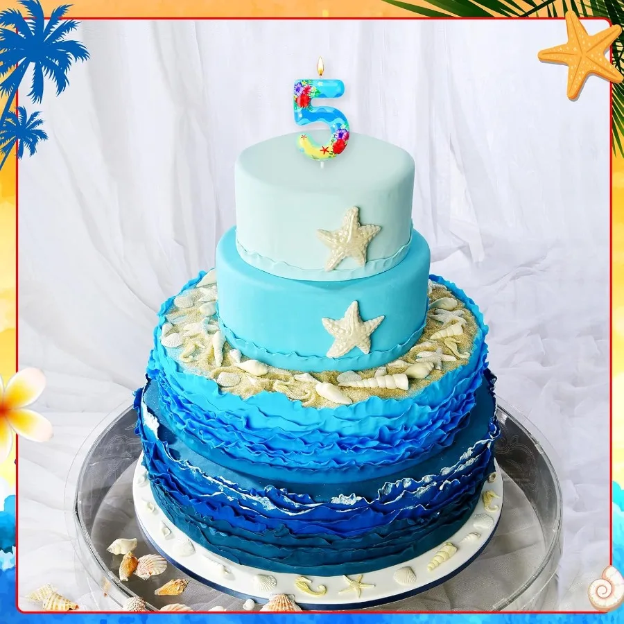 하와이 테마 생일 숫자 양초 소녀들을 위한 바다 생일 파티 양초 열대 케이크 토퍼 오션 테마 장식 블루 루아우
