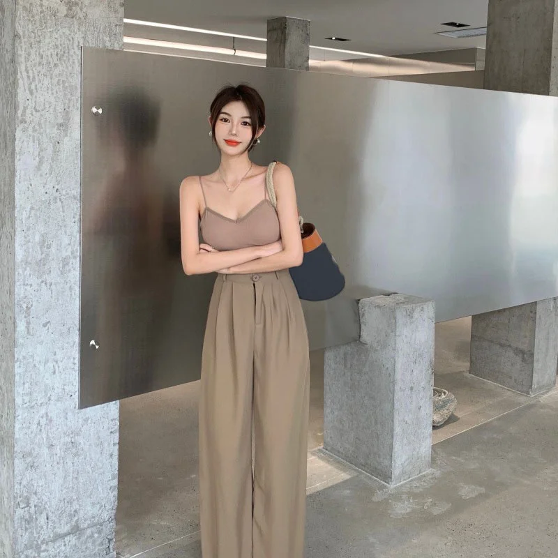 Solid Black High Waist 2022 Women Casual Wide Leg Pants Floor Mops Vertical Loose Sports Straight Tube Black Suit Pants Women