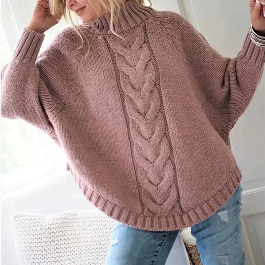 

Casual Everyday Autumn WintVintage Inspired Cable Sweater Women's Loose Fit High Neck Pullover Fall Winter Style