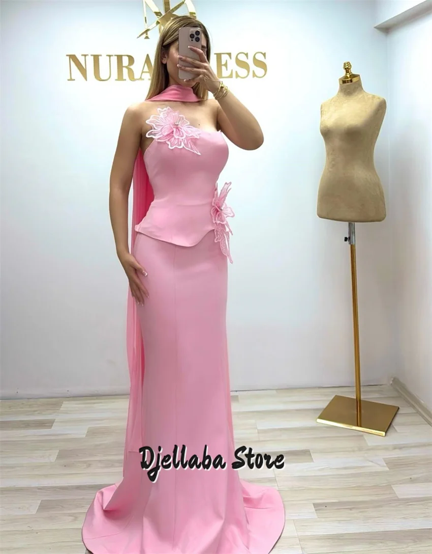 

Customized Strapless Pleated Chiffon Pink Prom Dress 3D Flowers Evening Party Gown Ruched Long Wedding Party Dresses
