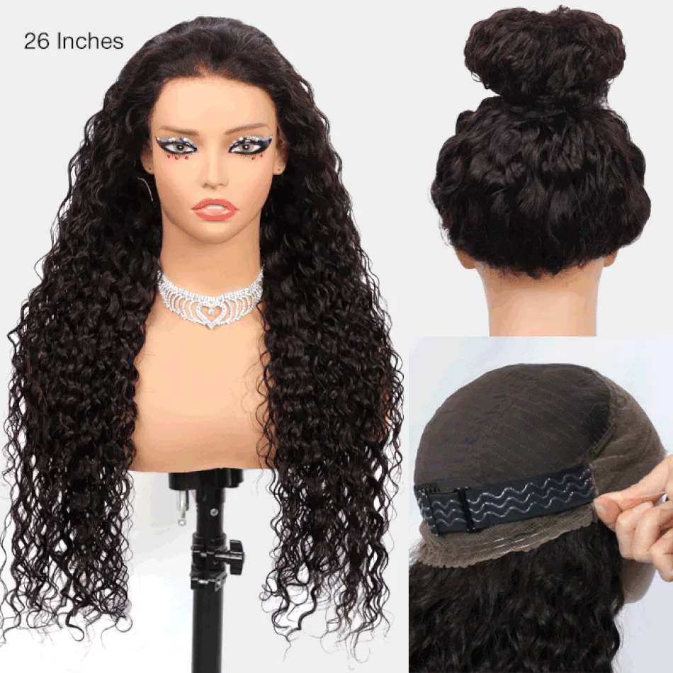 No Glue Upgrade 30 inch 250% HD 360 Lace Front Kinky Curly Wig Drawstring Lace Black Human Hair Water 360 Full Wigs Glueless