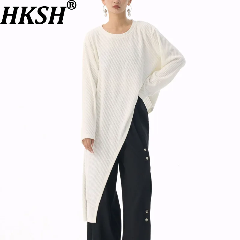 HKSH Primavera Autunno Nuove Donne Magliette e camicette Design Asimmetrico Colletto Rotondo Maniche Lunghe Twill Split Chic Alla Moda Elegante Casual HK16077