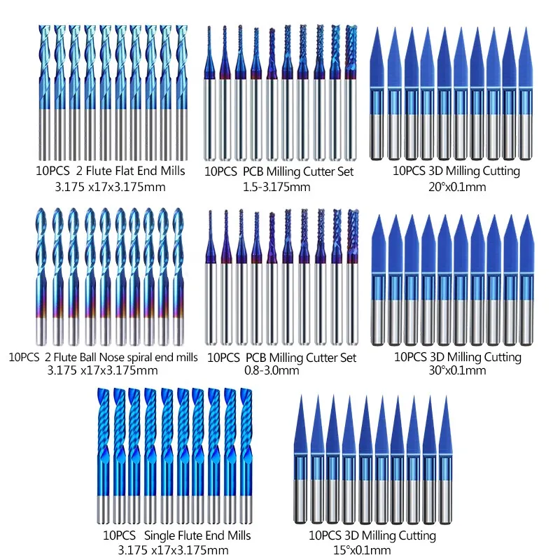 CNC Corn Router Bits 3.175mm Shank Milling Cutter Nano Blue Coated Carbide Engraving Cutter CNC Milling Tools 10/40/80pcs 